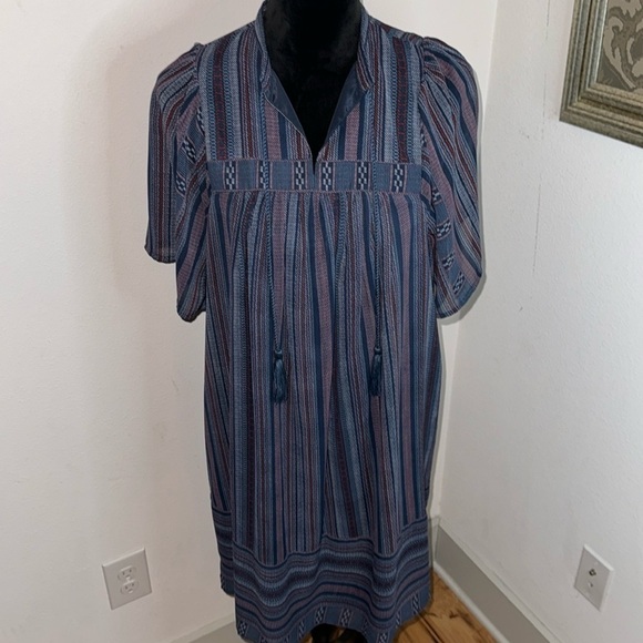 Lucky Brand Boho tassels V neck short sleeves relaxed blue stripes dress Sz S - Picture 1 of 9